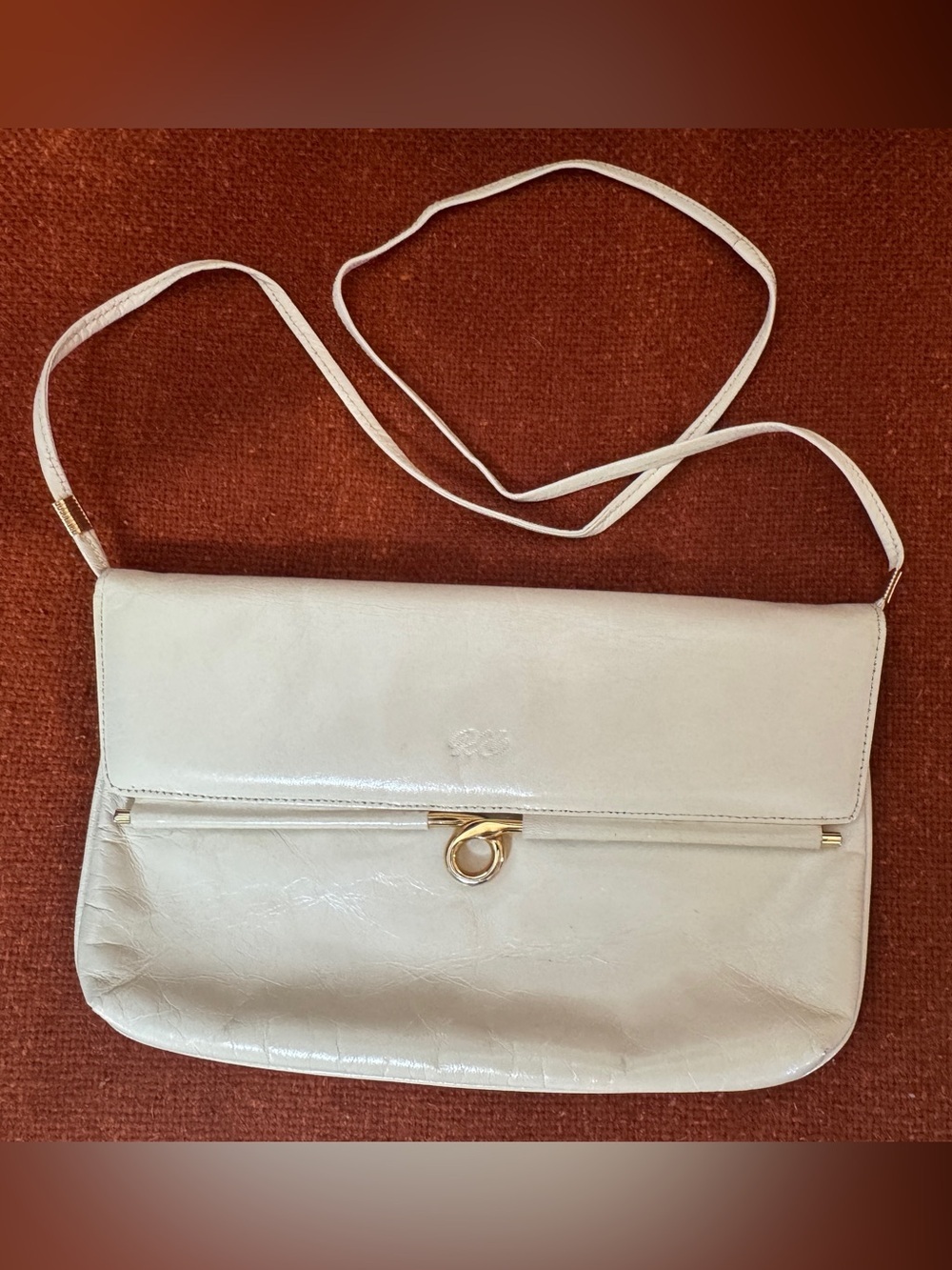 Vintage 70s Ribé Cream Leather Envelope Crossbody / Clutch w/ Gold Hardware